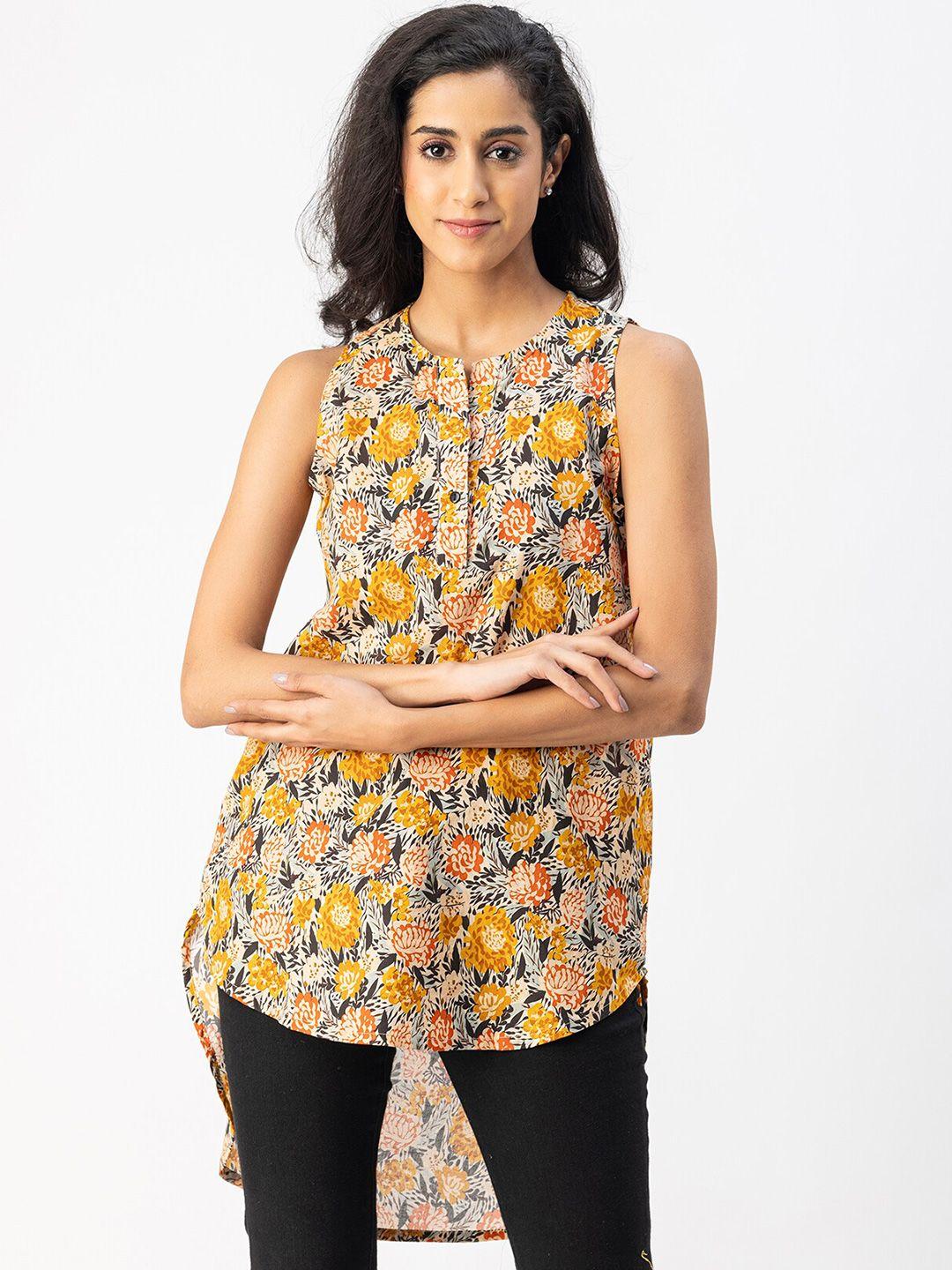 moomaya floral print sleeveless cotton high-low top