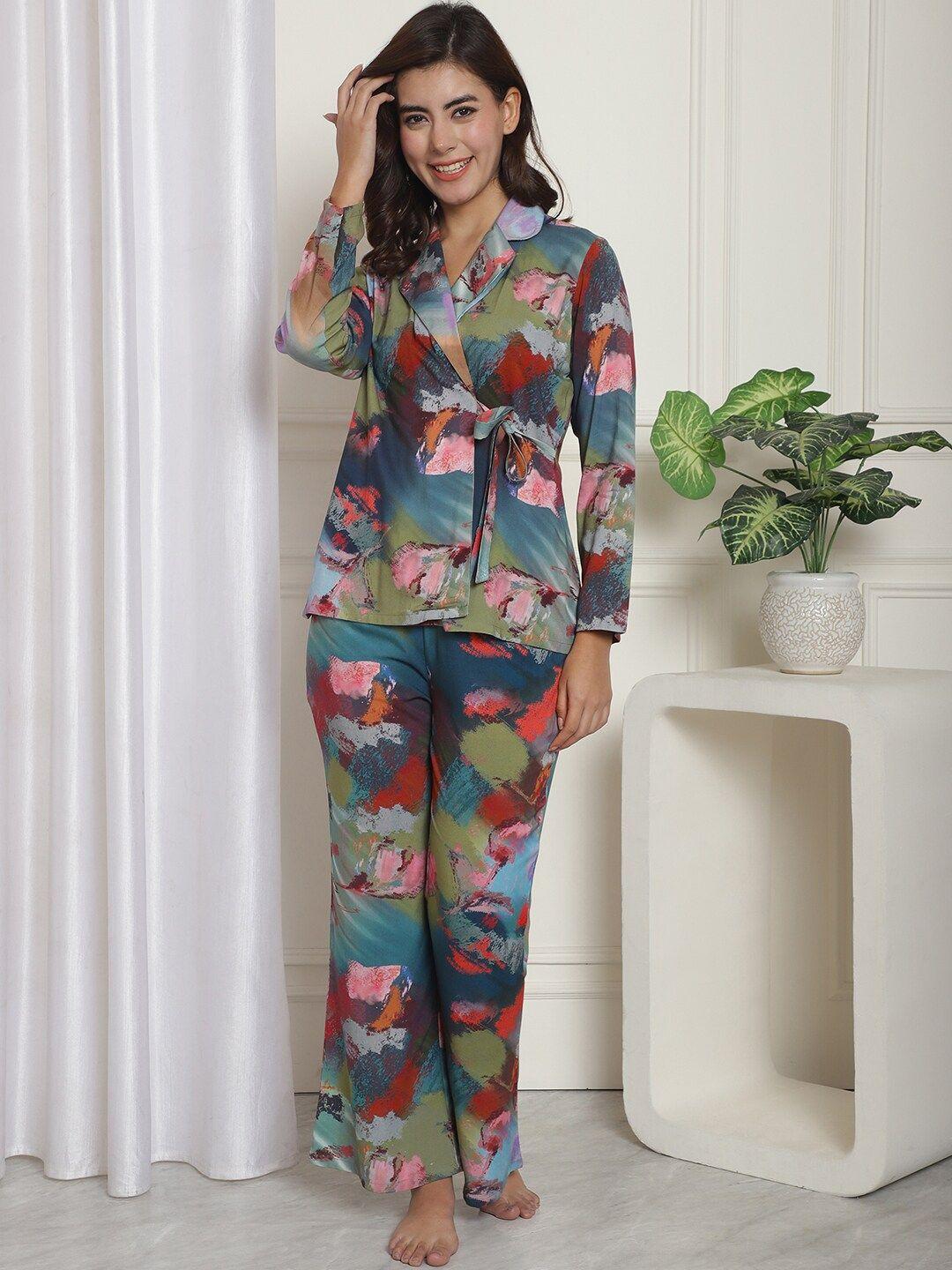 claura blue abstract printed night suit