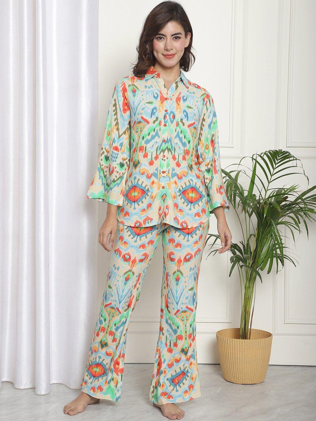 claura beige abstract printed night suit