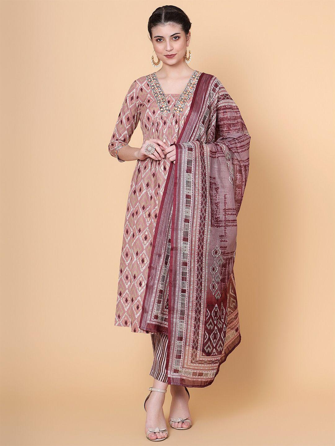 baesd geometric printed empire mirror work kurta with trousers & dupatta