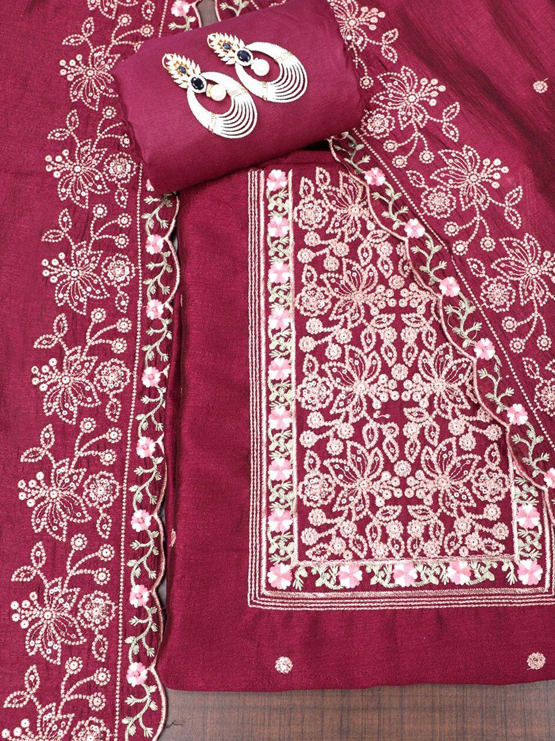 salwar studio burgundy & gold-toned embroidered raw silk unstitched dress material