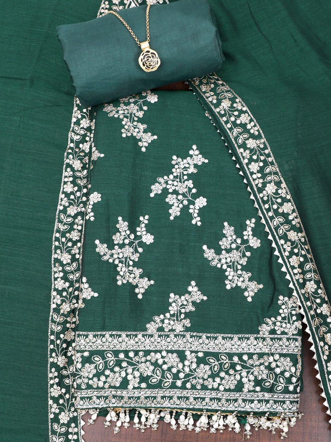 salwar studio green & white embroidered raw silk unstitched dress material