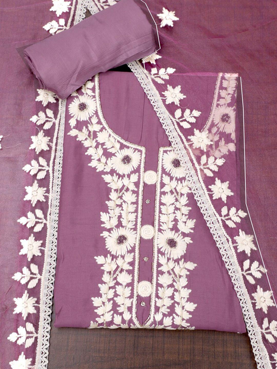 salwar studio purple & white embroidered pure silk unstitched dress material