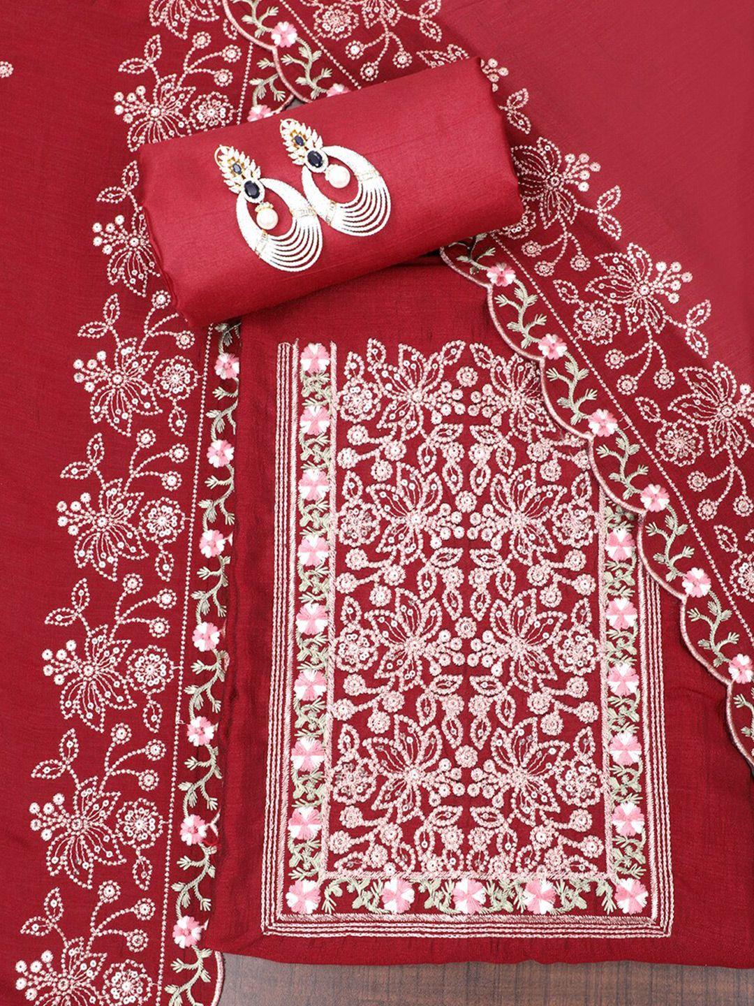 salwar studio maroon & white embroidered raw silk unstitched dress material