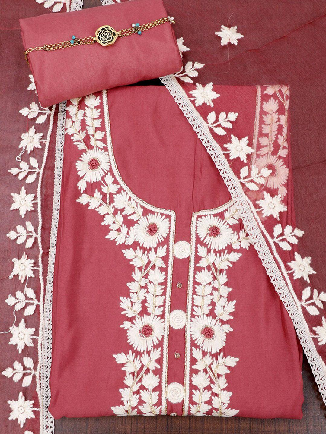 salwar studio mauve & white embroidered pure silk unstitched dress material