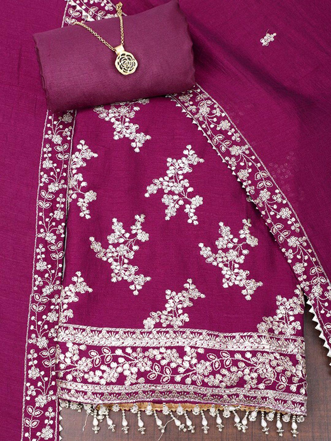 salwar studio purple & gold-toned embroidered raw silk unstitched dress material