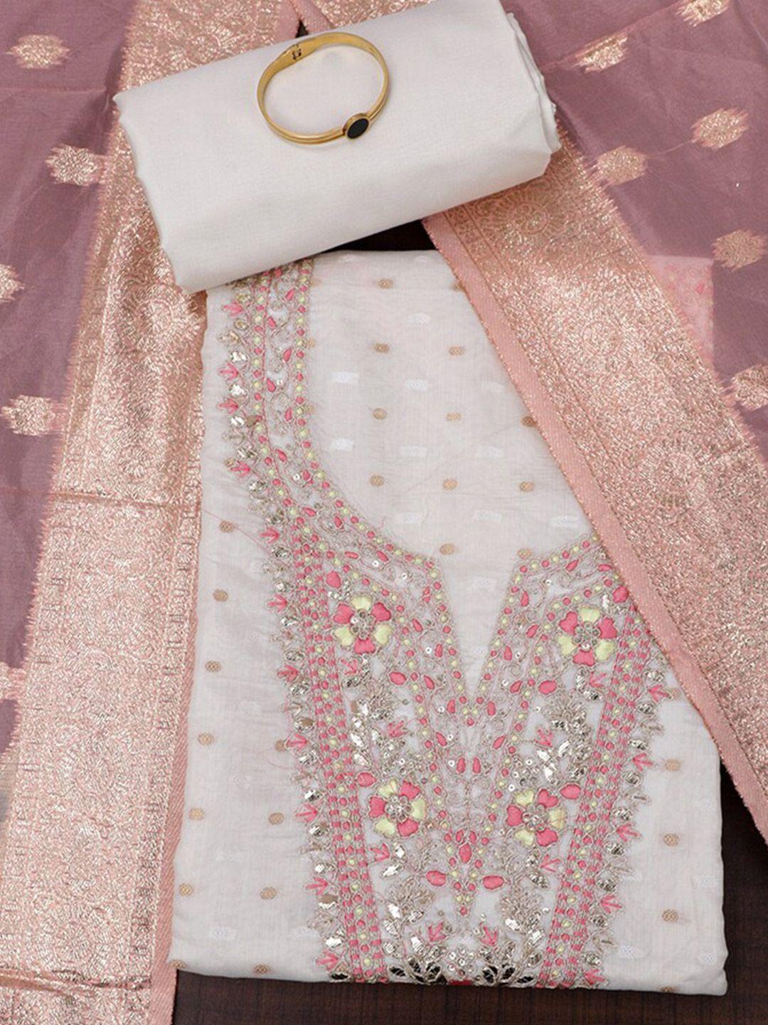 salwar studio off white & pink embroidered unstitched dress material