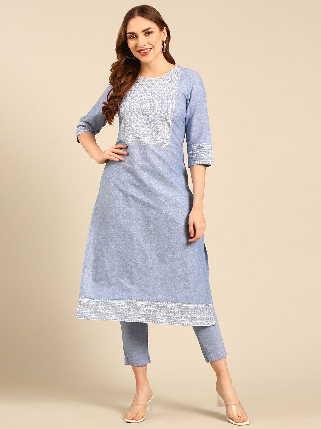 marcia ethnic motifs round neck regular thread work pure cotton kurta with trousers