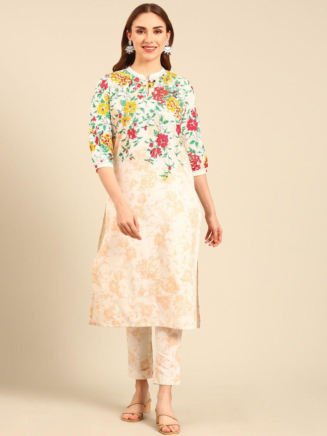 marcia mandarin collar floral printed pure cotton straight kurta with trousers