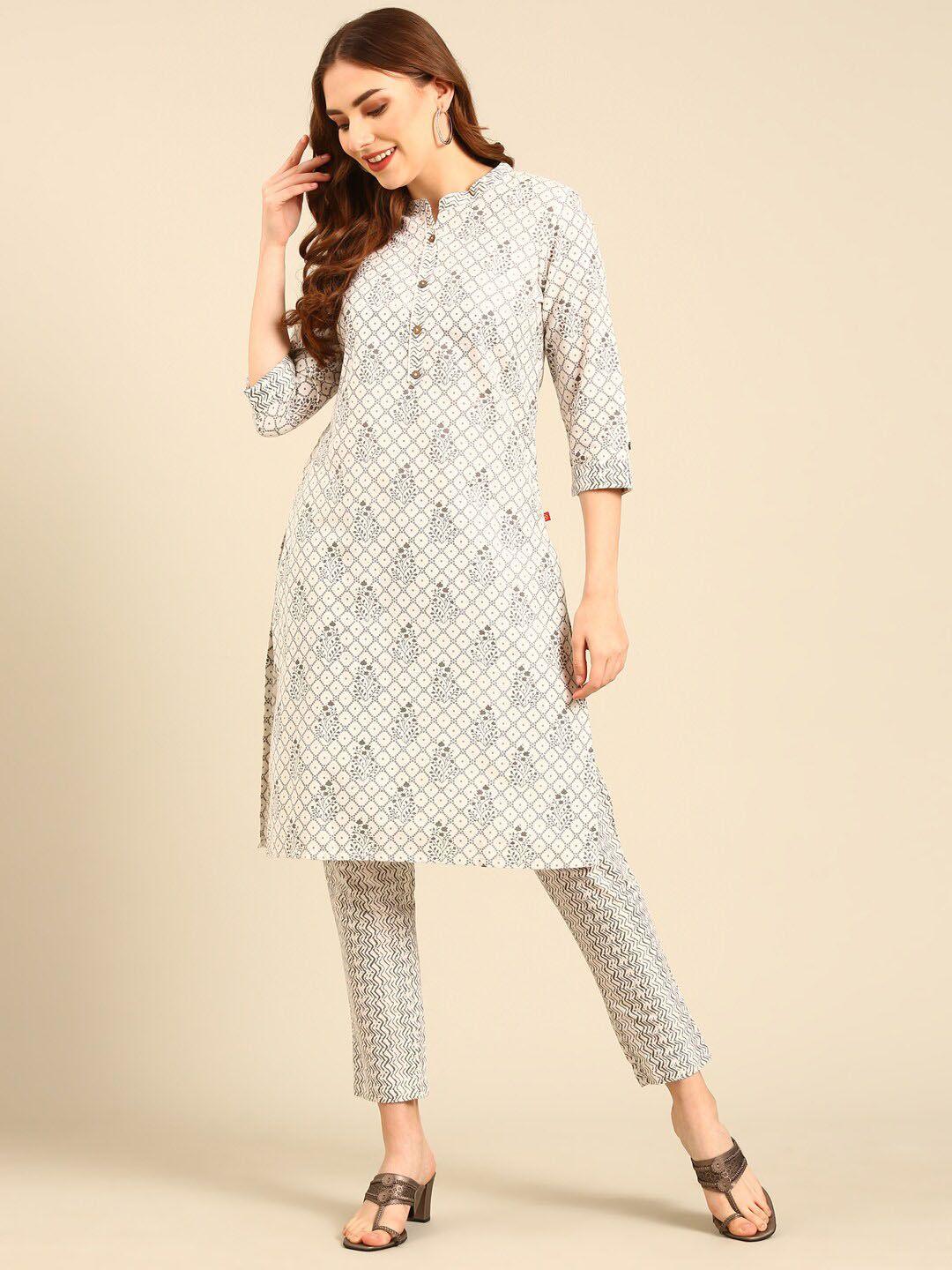 marcia ethnic motifs printed band collar regular pure cotton kurta with trousers