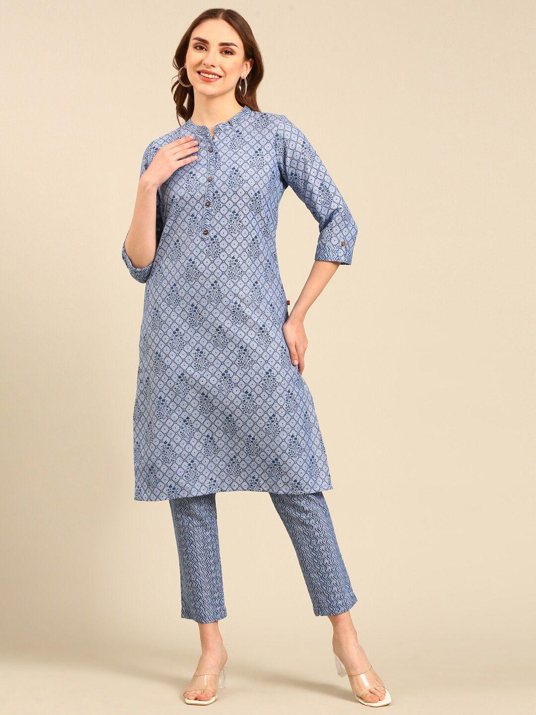 marcia ethnic motifs printed mandarin collar regular pure cotton kurta with trousers