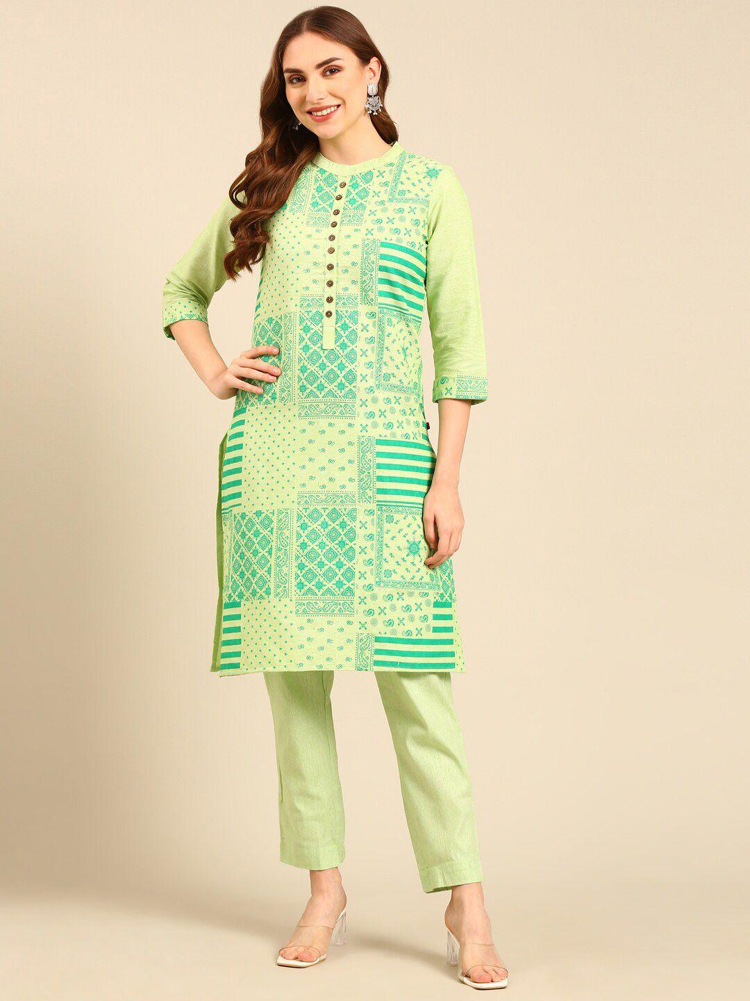 marcia round neck ethnic printed pure cotton straight kurta with trousers