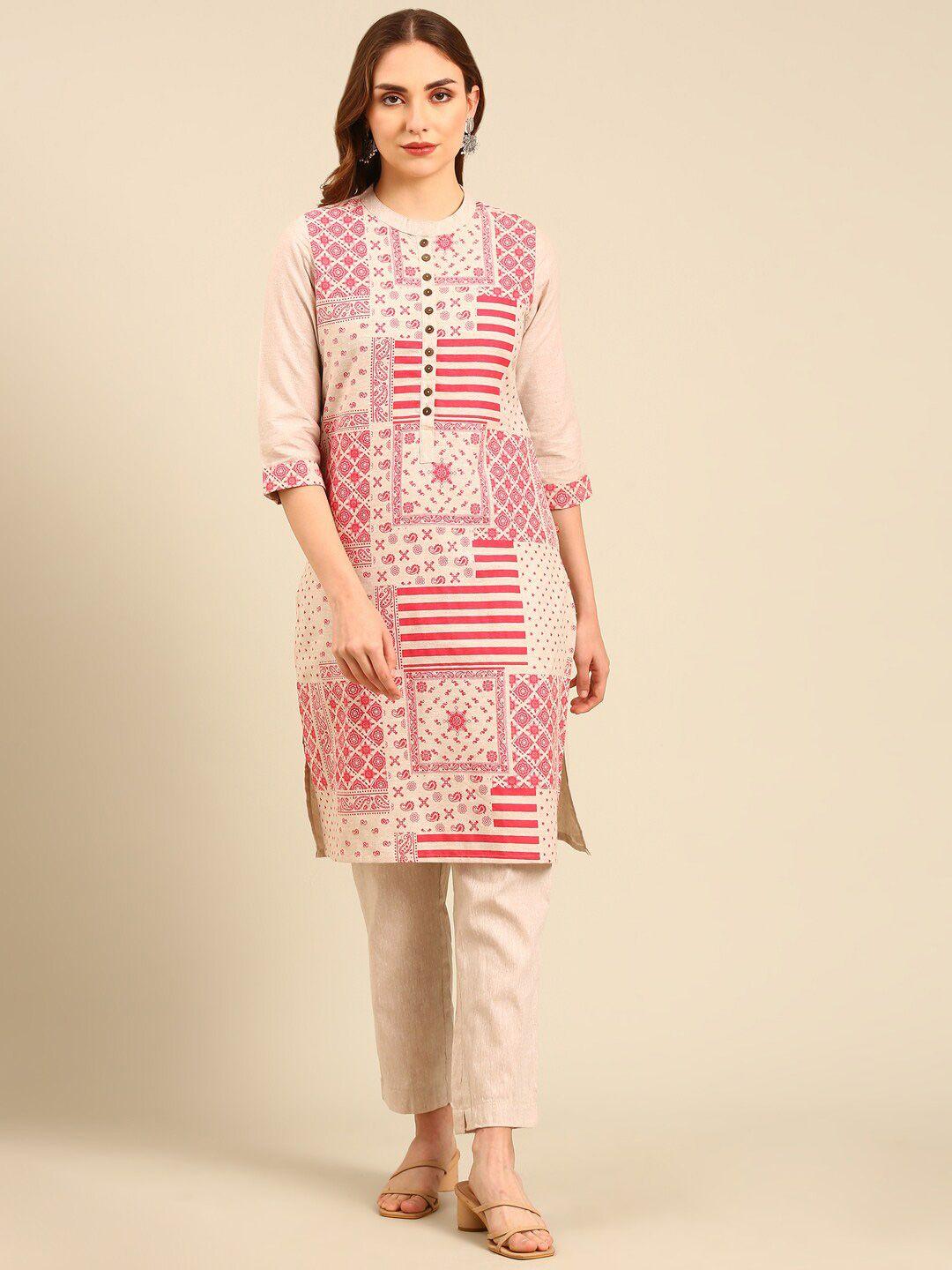 marcia ethnic motifs printed band collar regular pure cotton kurta with trousers