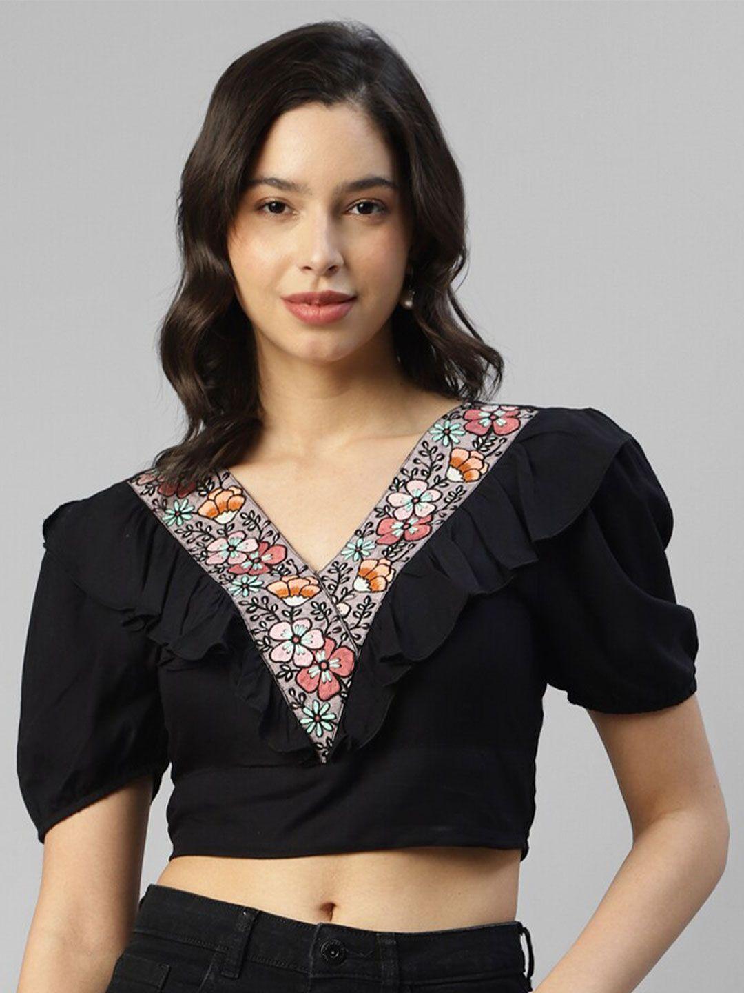 deebaco black floral print puff sleeve blouson crop top