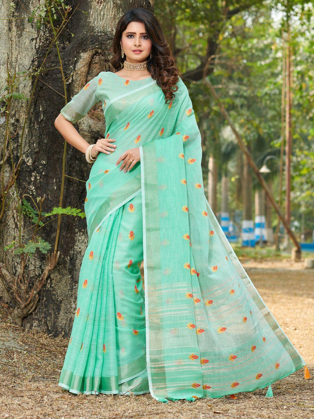 mitera sea green & yellow ethnic motifs embroidered linen blend saree