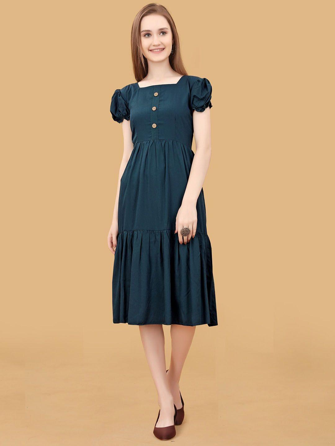 femvy puff sleeve fit & flare midi dress