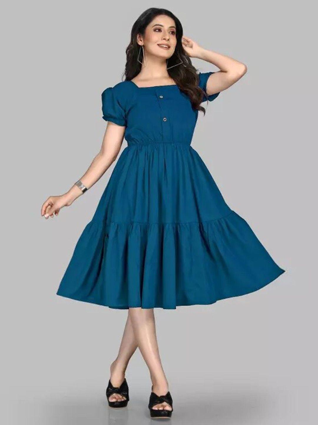 femvy puff sleeve crepe fit & flare midi dress