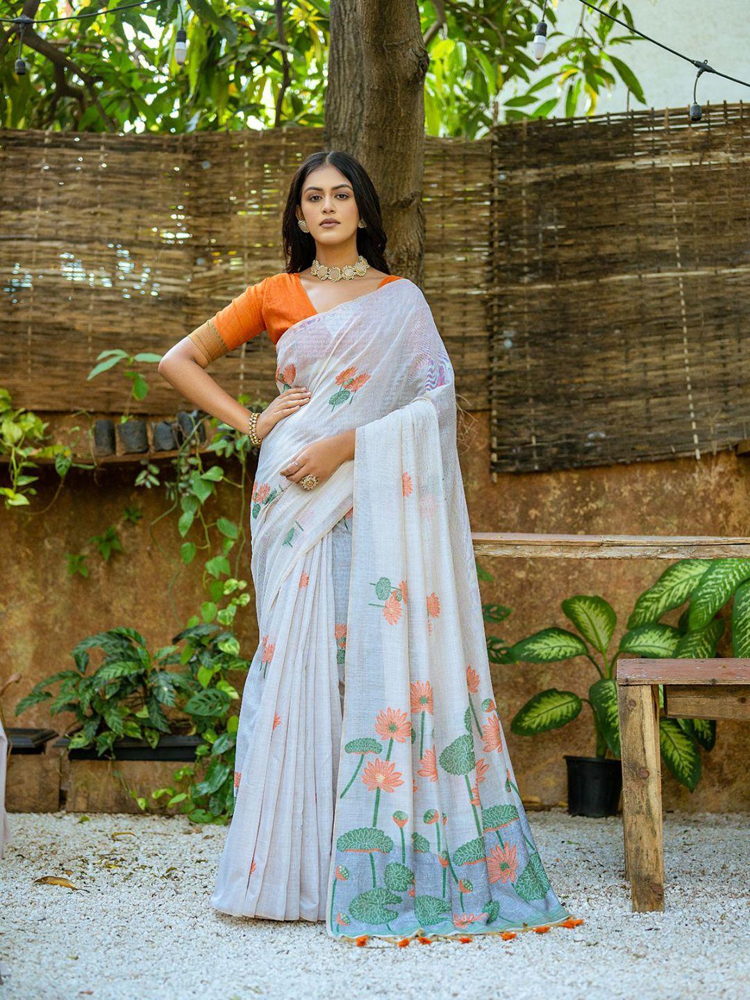 vishnu weaves floral embroidered pure cotton muga saree