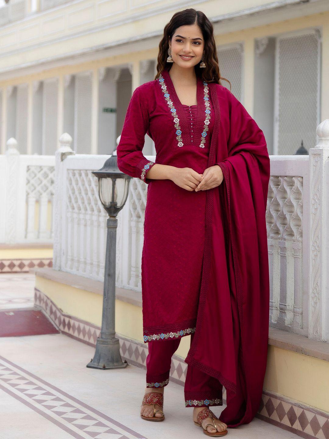 kalini floral embroidered regular thread work pure cotton kurta with trousers & dupatta