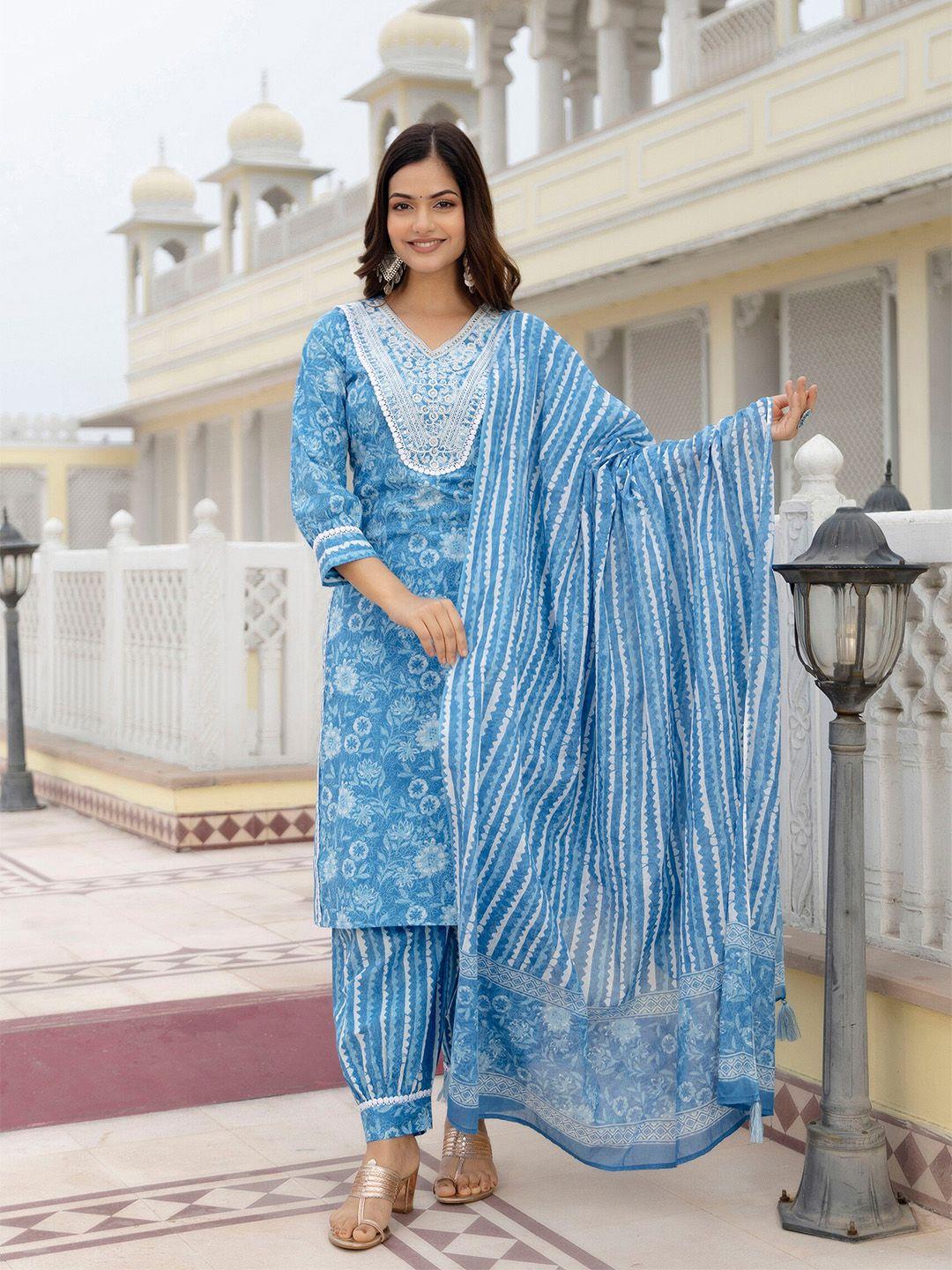 anouk floral embroidered regular mirror work pure cotton kurta with patiala & dupatta