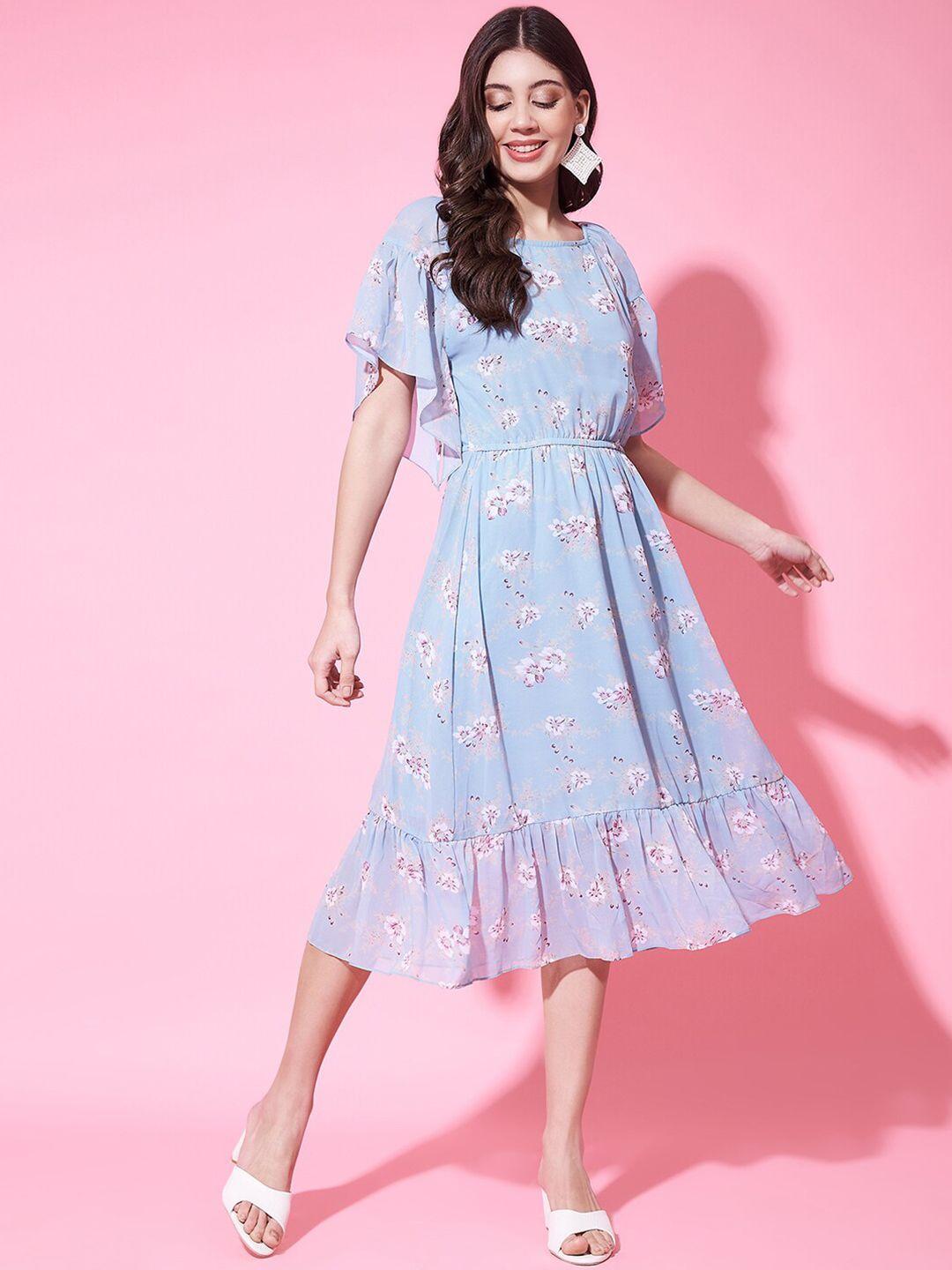 fbella floral printed round neck flutter sleeve georgette fit & flare midi dress