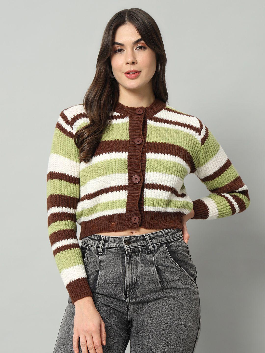 chemistry women green & white striped woollen sweater vest