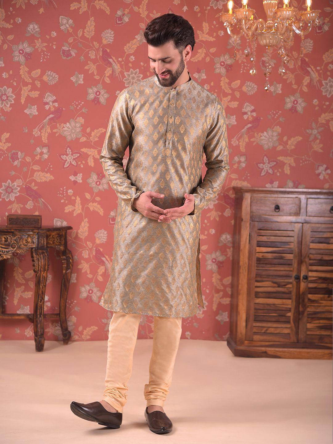 house of pataudi mandarin collar woven design straight kurta with churidar