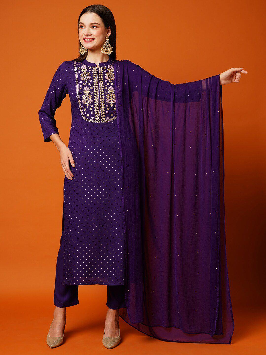 kalini women purple floral yoke design regular thread work kurta with trousers & with dupatta