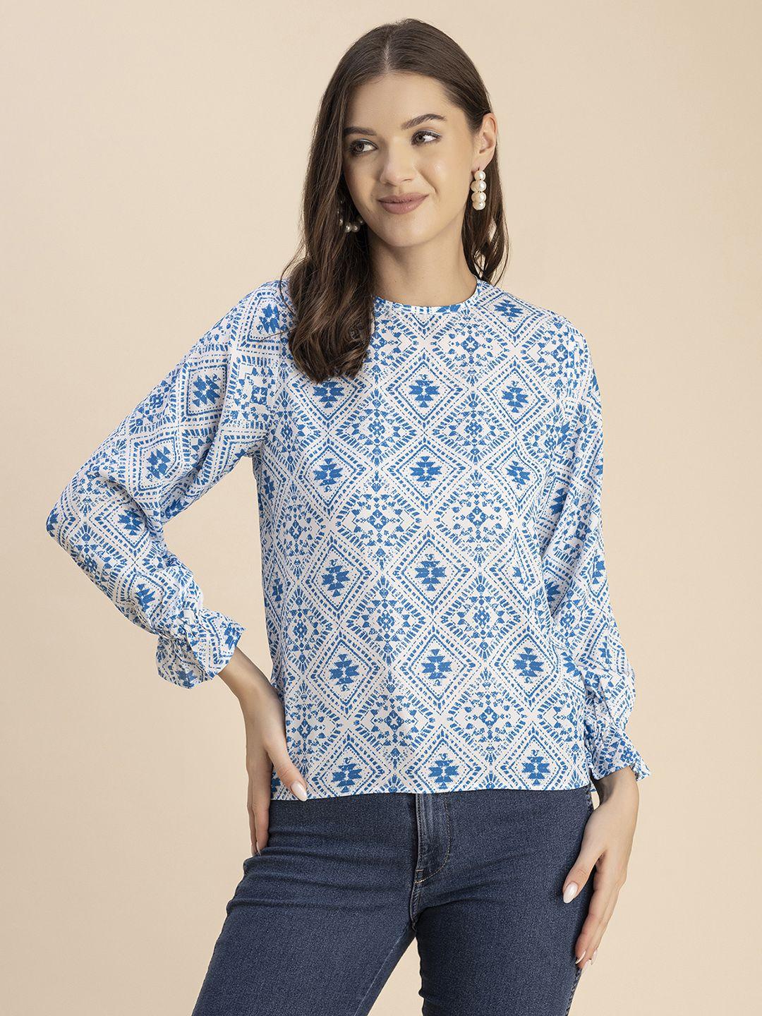 moomaya geometric printed round neck georgette top