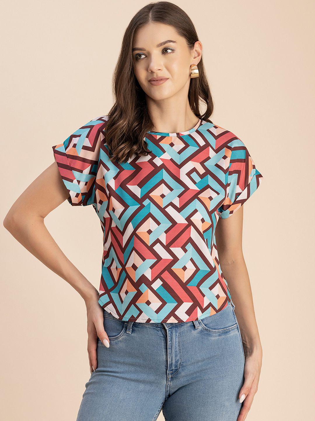 moomaya geometric printed round neck crepe top