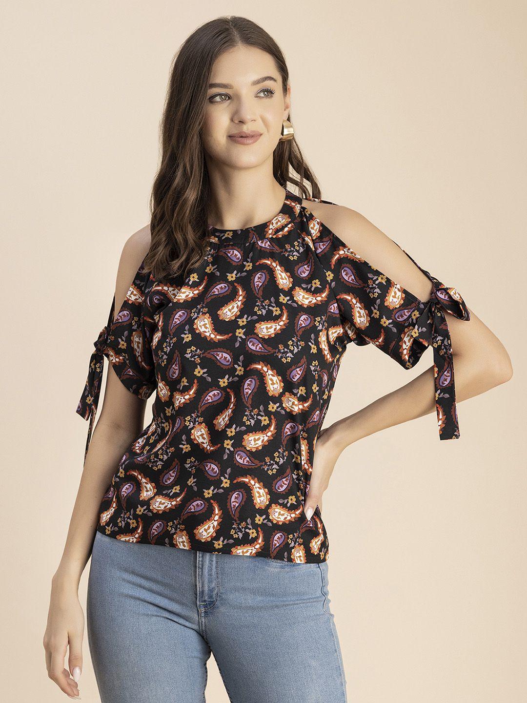 moomaya ethnic motifs printed cold-shoulder crepe top