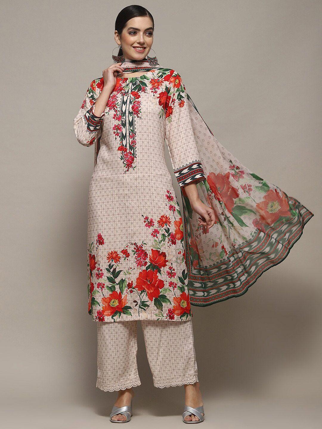 biba floral printed regular round neck straight kurta with palazzos & dupatta