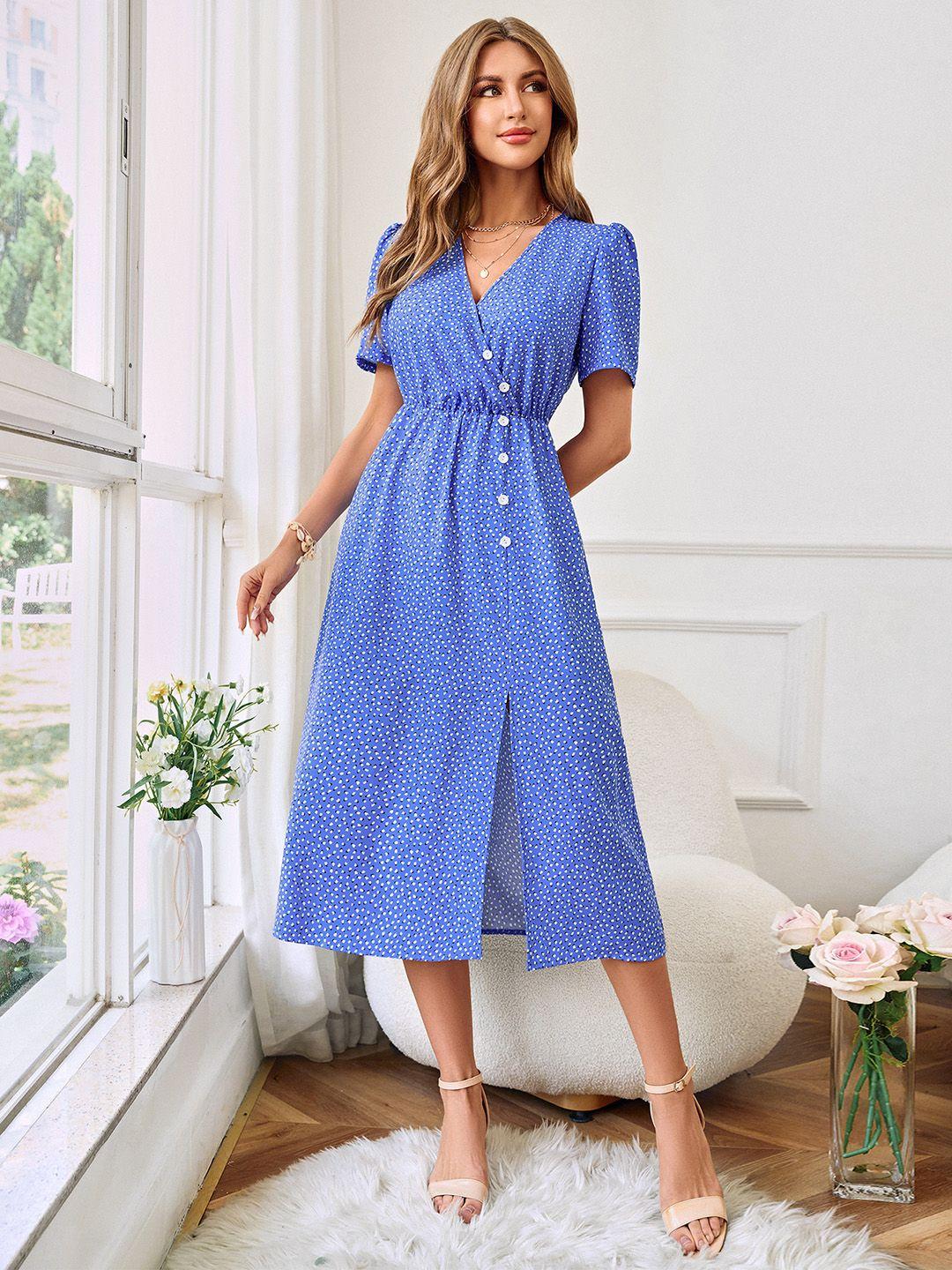 stylecast blue & white polka dot printed fit & flare midi dress