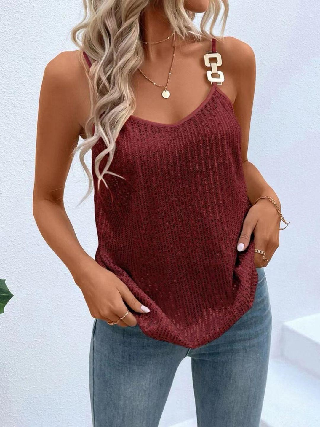 stylecast maroon sequinned embellished shoulder straps top