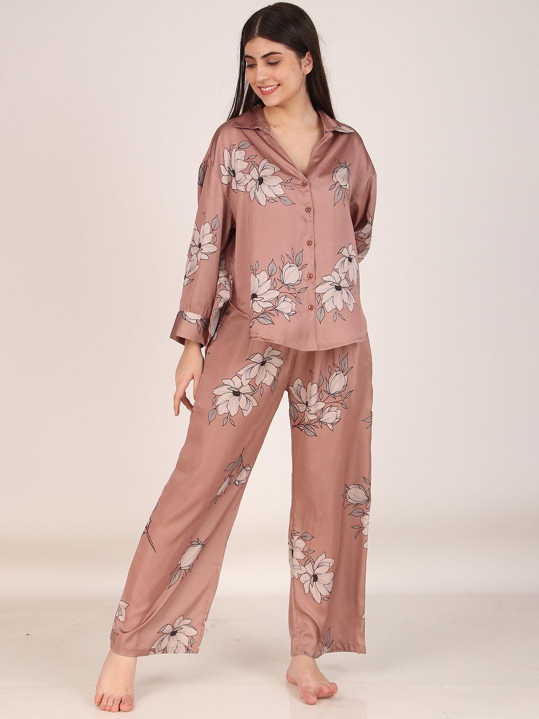 masha brown & grey floral printed shirt collar satin night suit