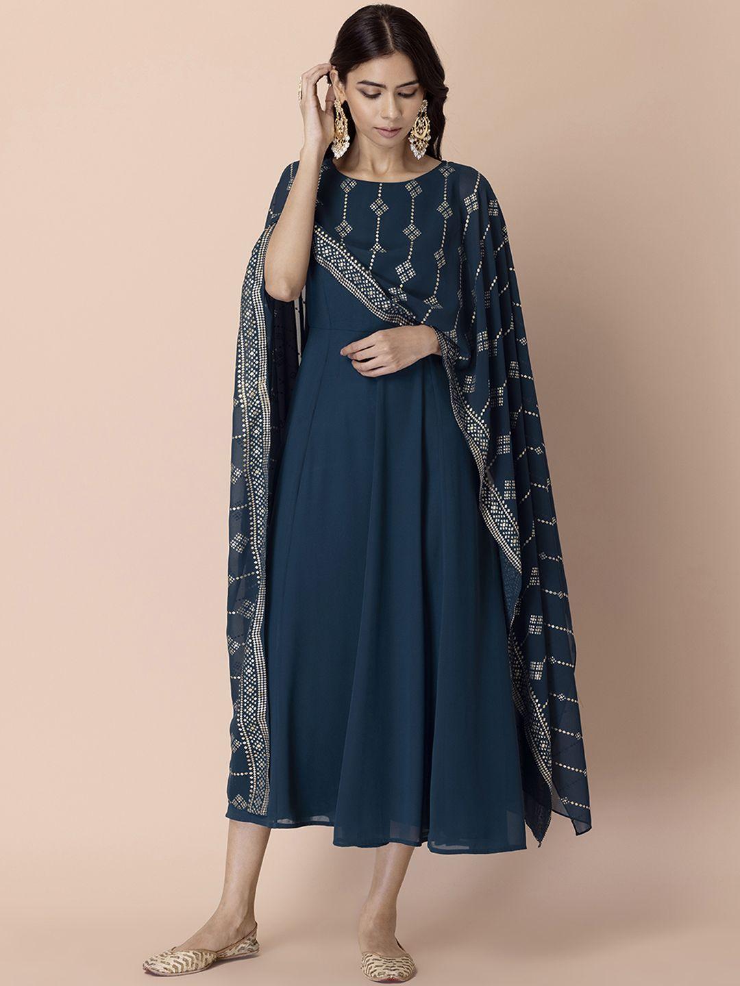 indya round neck a-line midi ethnic dress with attached dupatta