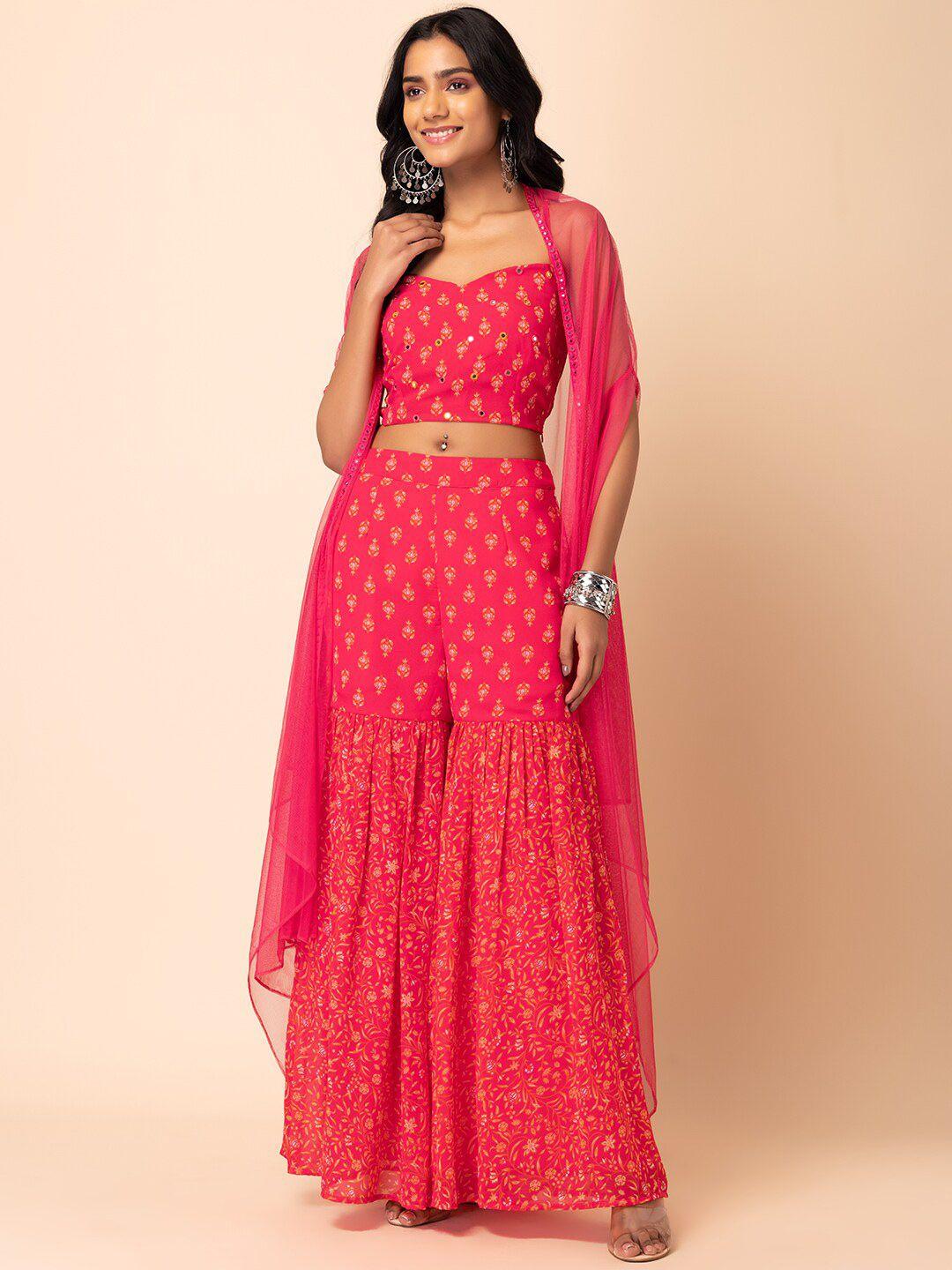 indya printed shoulder straps top & sharara with shrug co-ords