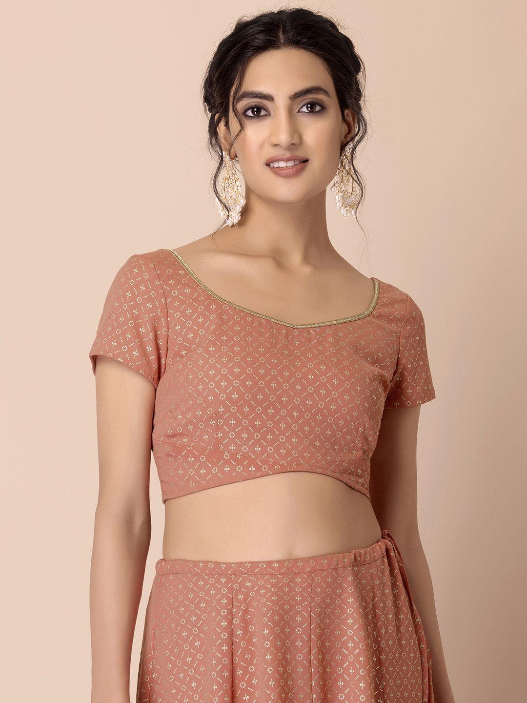 indya foil printed round neck short sleeves crop top