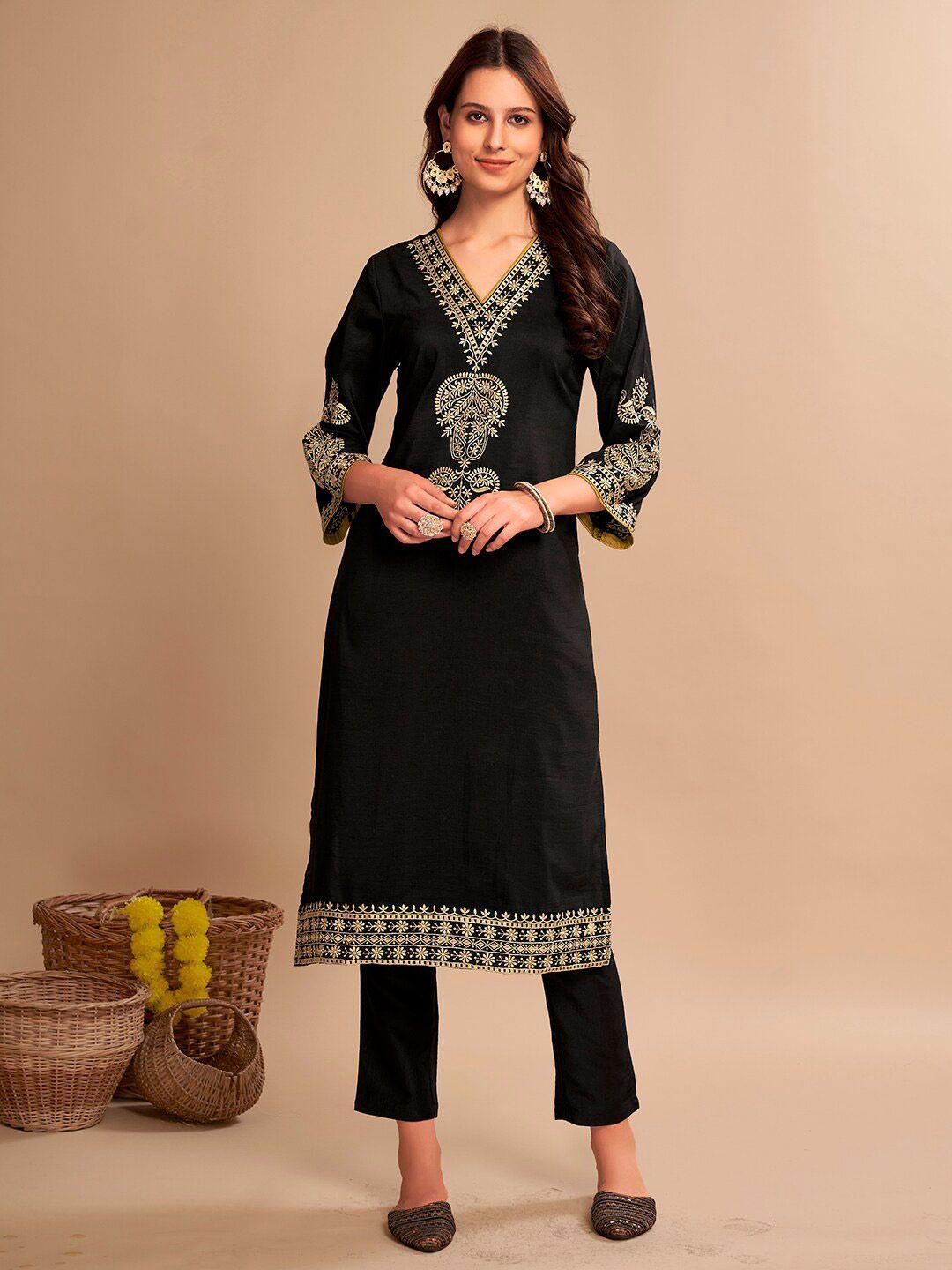 anouk black embroidered regular thread work straight kurta with trousers