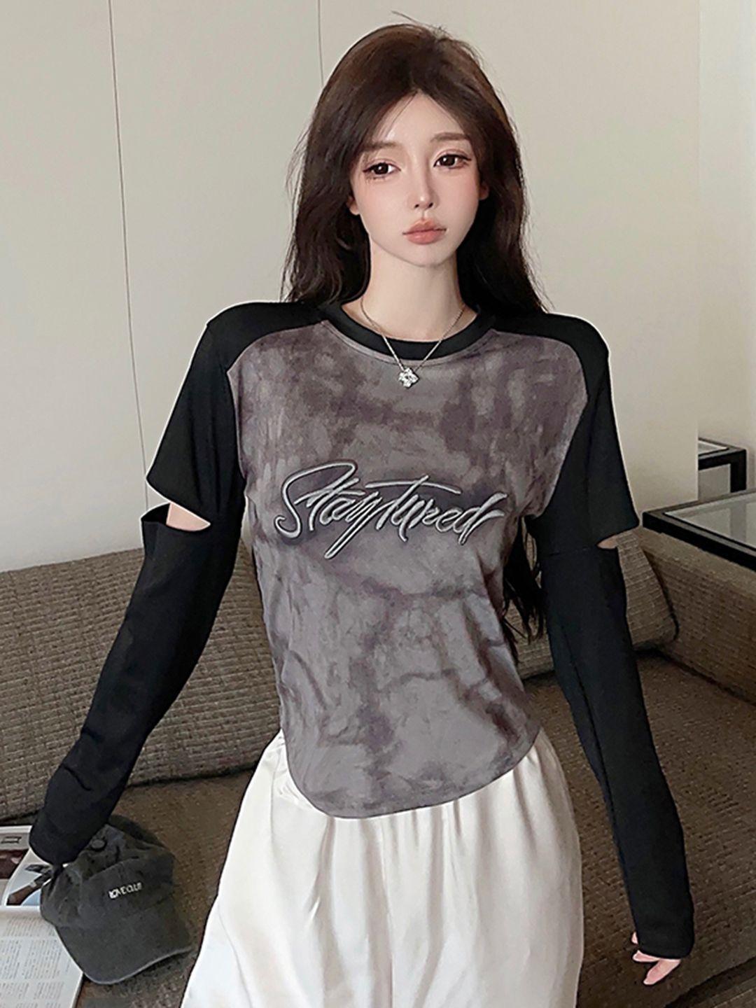 stylecast grey print extended sleeves top