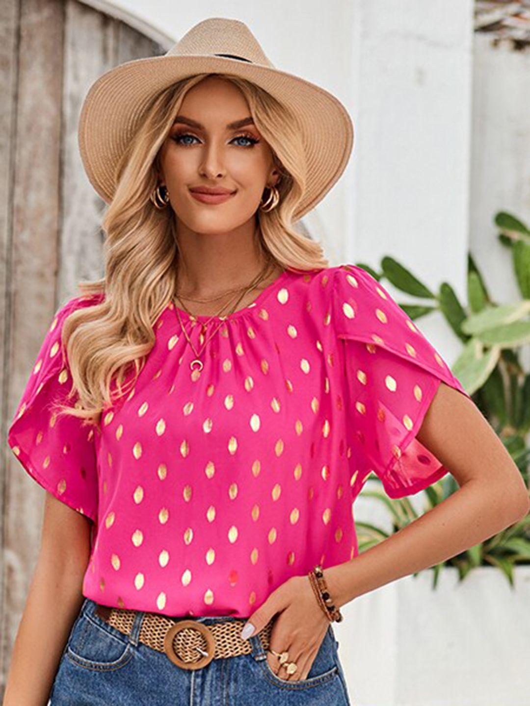 stylecast fuchsia geometric printed flared sleeves gathered detail top