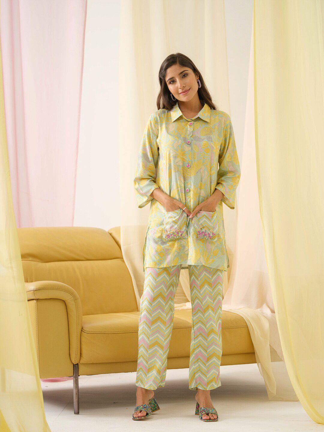 ishin floral printed pure silk tunic & trousers