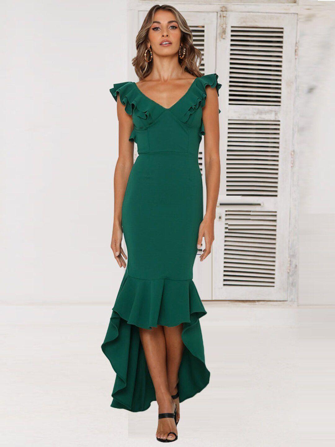 stylecast green flutter sleeve high-low sheath midi dress