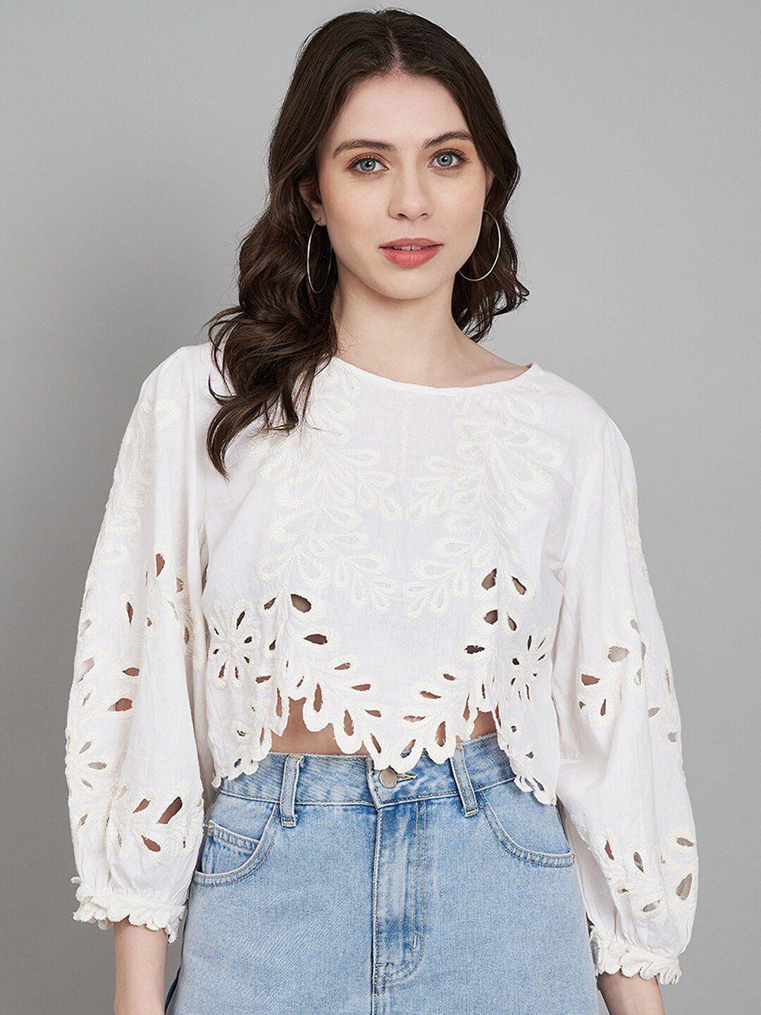 amagyaa floral embroidered puff sleeve cut out cotton regular crop top