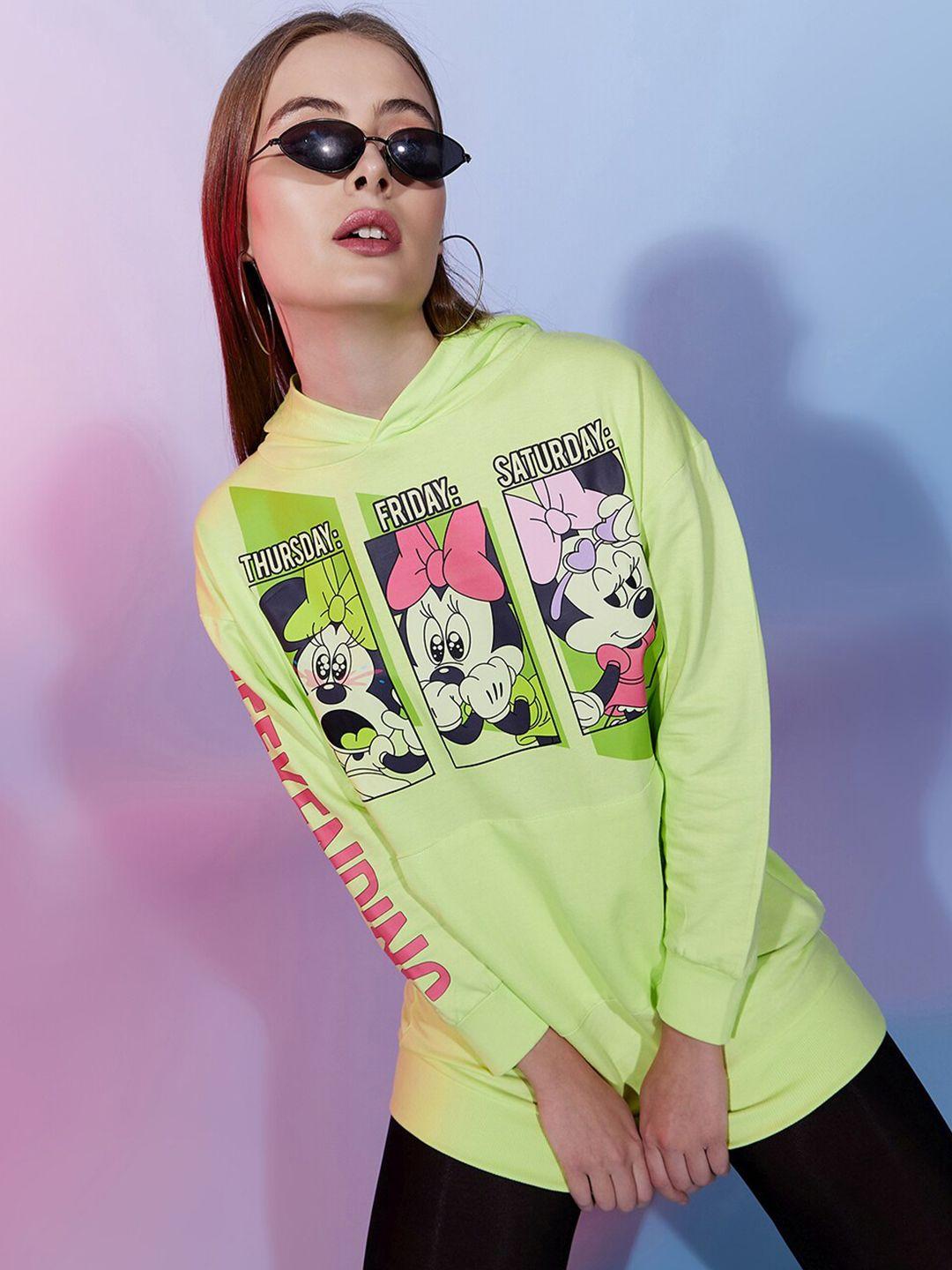 dressberry women fluorescent green printed hooded sweatshirt