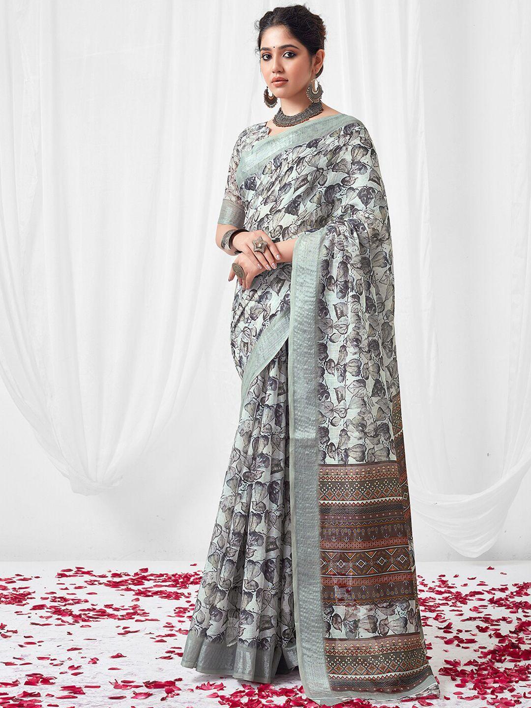 mitera white & brown floral printed zari saree