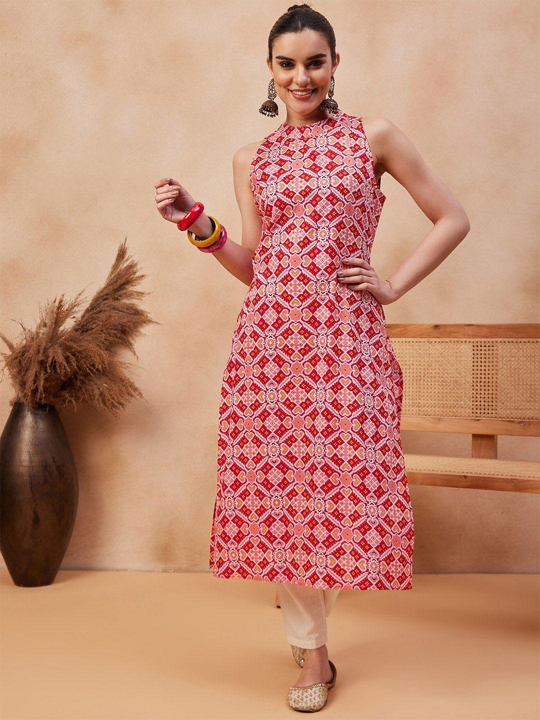 anouk red ethnic motifs printed pure cotton straight kurta