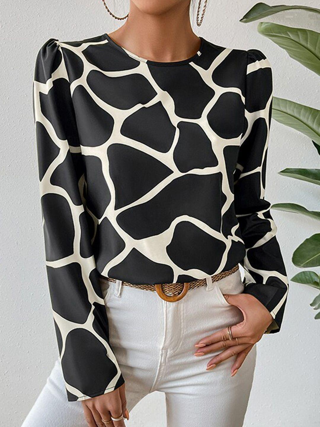 stylecast black & white round neck abstract printed cap sleeves regular top