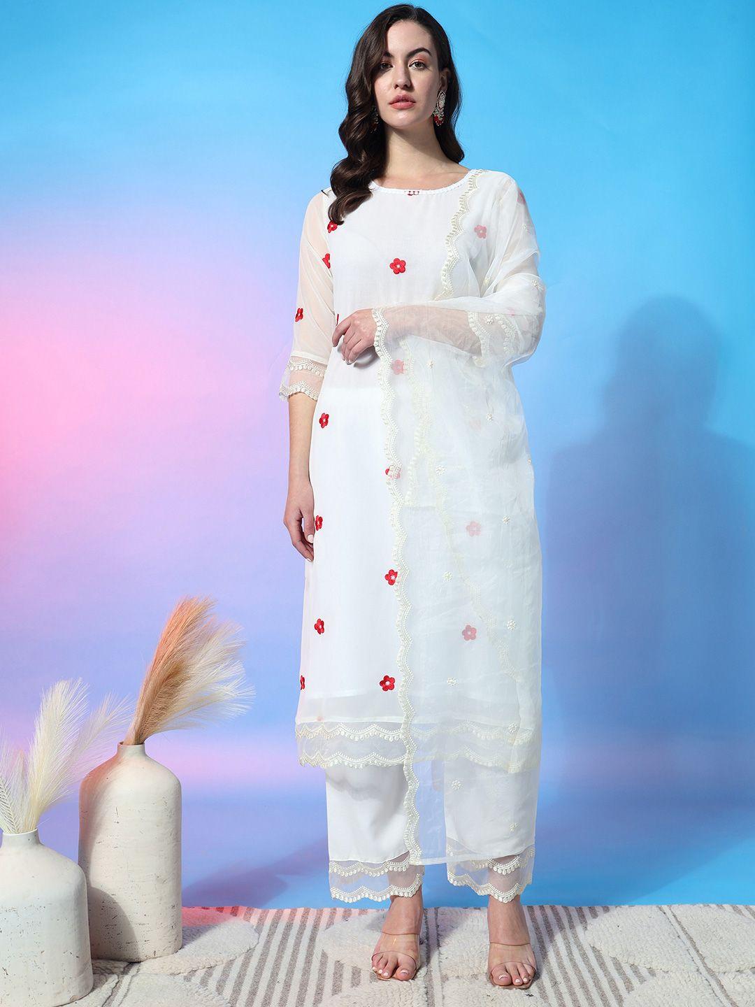 aspora floral embroidered georgette empire thread work kurta with palazzos & with dupatta