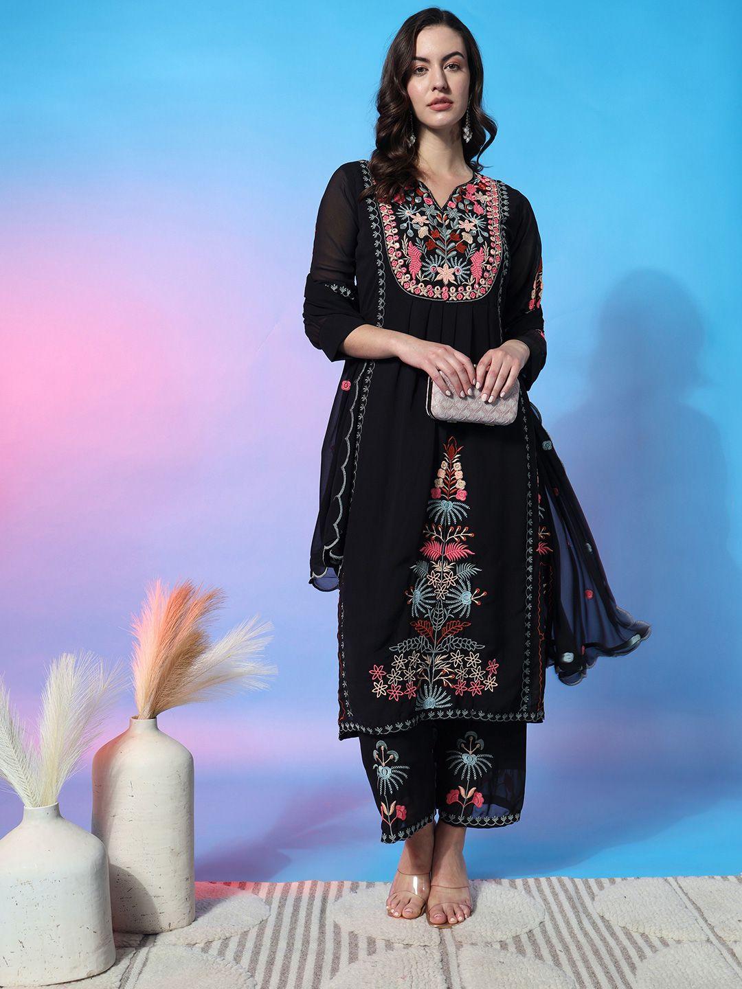 aspora women black floral embroidered empire mirror work kurta with palazzos & with dupatta